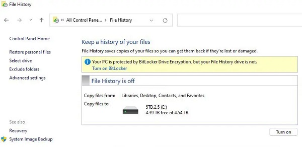 فعال سازی File History ویندوز 10 و 11 از طریق کنترل پنل
