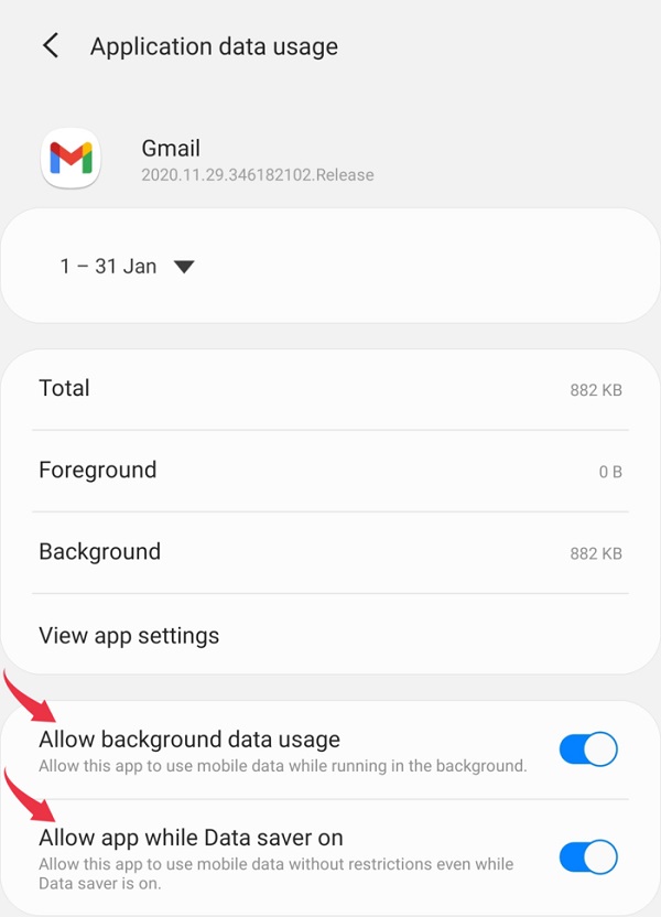 مطمئن شوید که Gmail می تواند از داده های پس زمینه استفاده کند